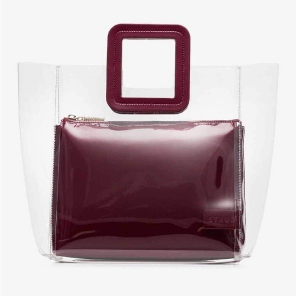 STAUD Red and White Tote Bag with Transparent Design